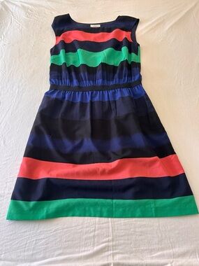 LOFT Sleeveless Navy Midi Dress with Green & Coral Stripes; Size Small